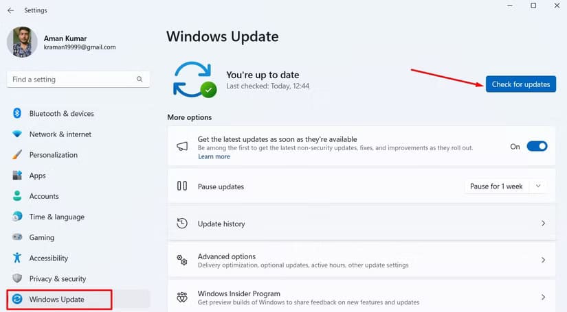 check-for-updates-option-in-the-settings-app كيفية تنزيل وتثبيت تحديث Windows 11 24H2 بسهولة