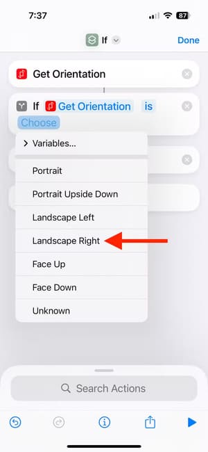 choose-landscape-right-in-the-shortcuts-app-on-iphone تخصيص أزرار iPhone حسب اتجاه الجهاز خطوة بخطوة