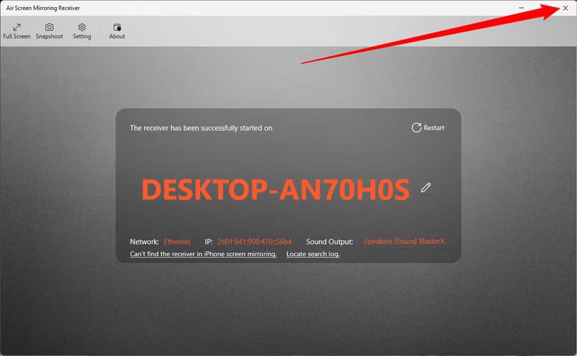 click-the-x-to-close-the-airplay-receiver-on-windows طرق سهلة لعرض شاشة iPhone أو iPad على كمبيوتر بنظام Windows