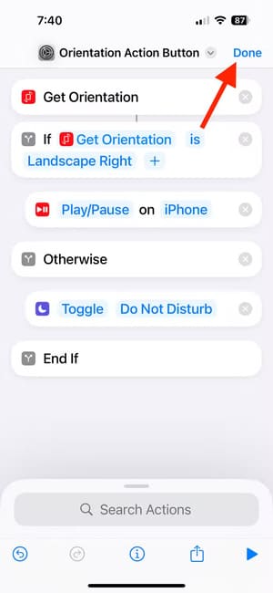 done-button-in-shortcuts-app-on-iphone تخصيص أزرار iPhone حسب اتجاه الجهاز خطوة بخطوة