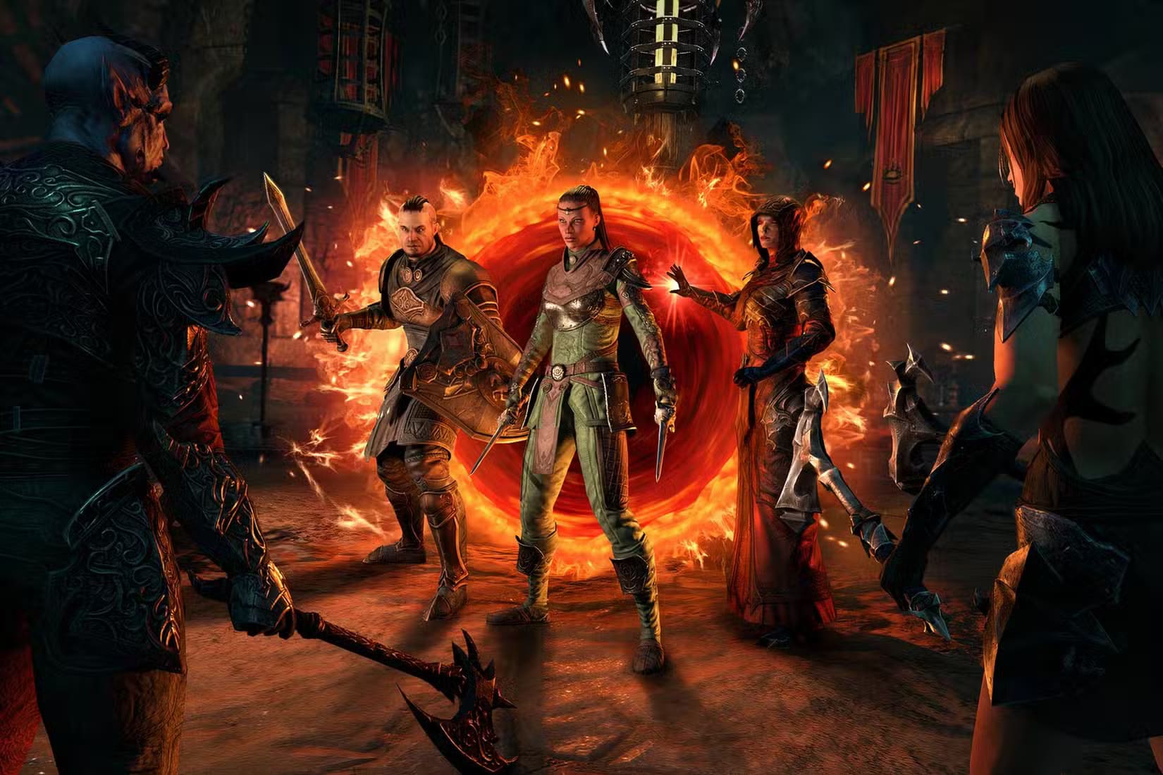 elder-scrolls-online-a-party-of-players-in-front-of-a-portal-looking-at-enemies أفضل ألعاب متعددة اللاعبين يمكنك الاستمتاع بها بمفردك عبر الإنترنت
