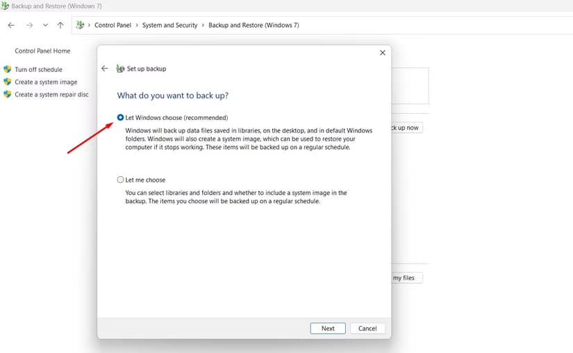 let-windows-choose-option-in-the-control-panel طرق فعّالة لنسخ نظام Windows احتياطيًا على وحدة تخزين خارجية بأمان