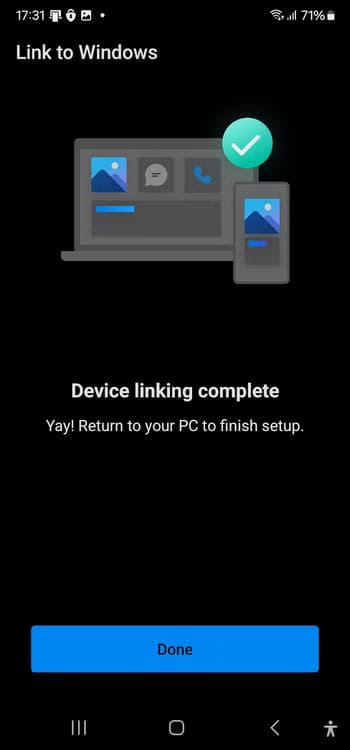 link-to-windows-completion-confirmation طريقة عكس شاشة هاتف Android على الكمبيوتر باستخدام Windows بكل سهولة