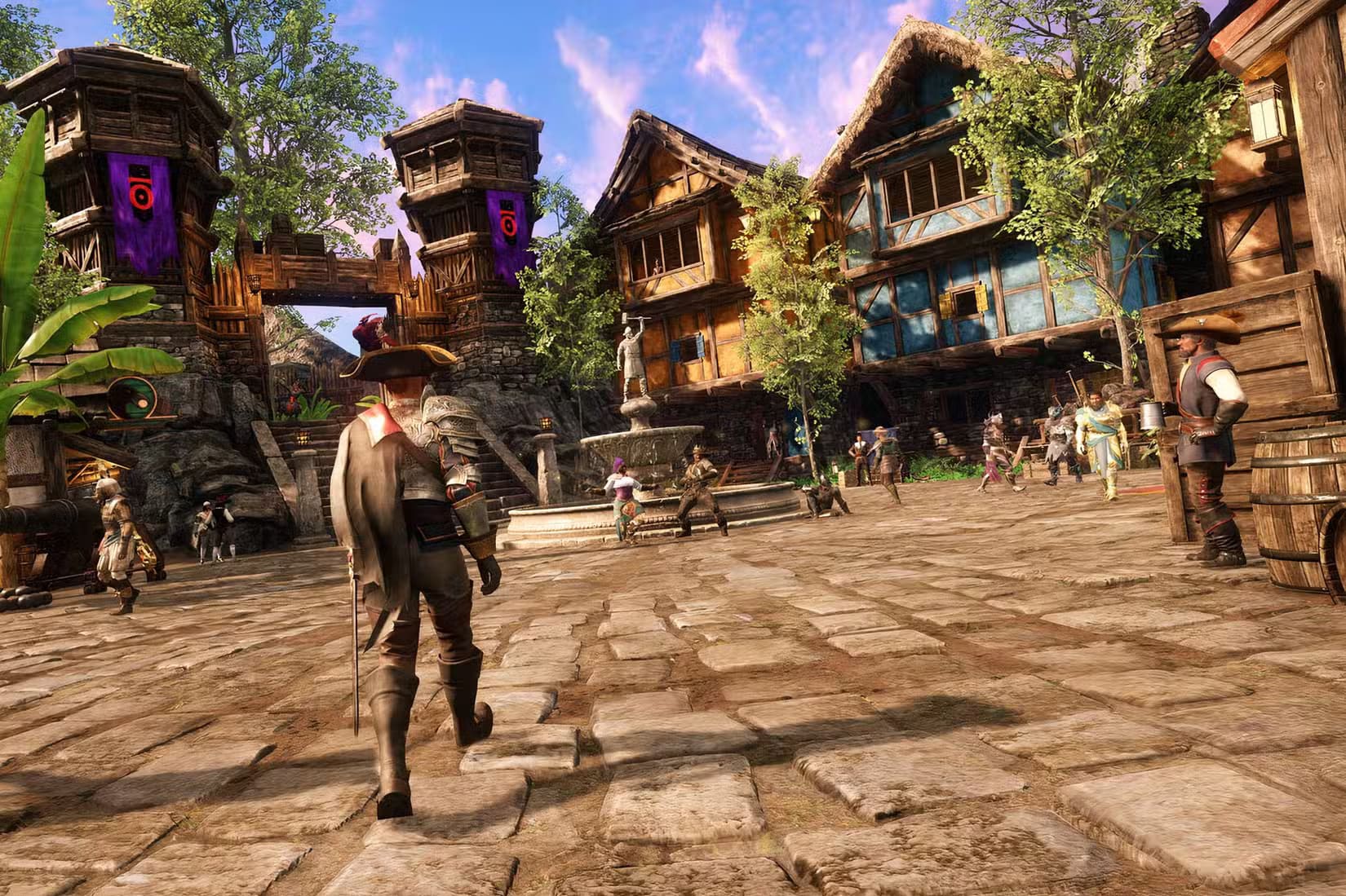 new-world-player-walking-to-a-fountain أفضل ألعاب متعددة اللاعبين يمكنك الاستمتاع بها بمفردك عبر الإنترنت