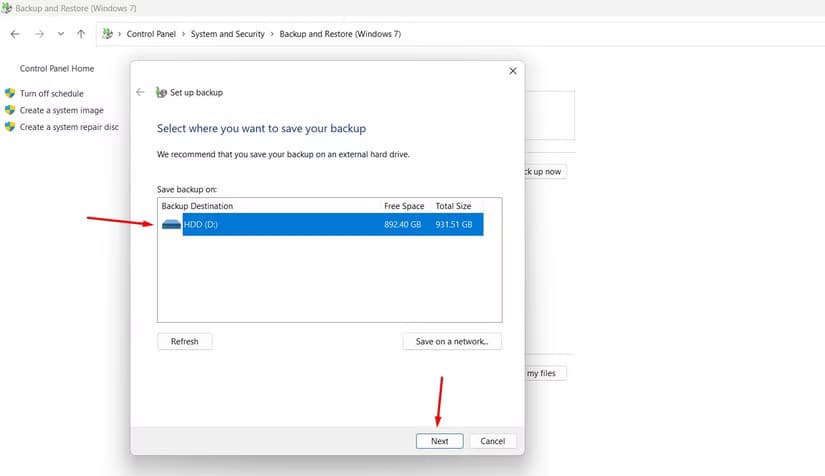 next-option-in-the-control-panel طرق فعّالة لنسخ نظام Windows احتياطيًا على وحدة تخزين خارجية بأمان