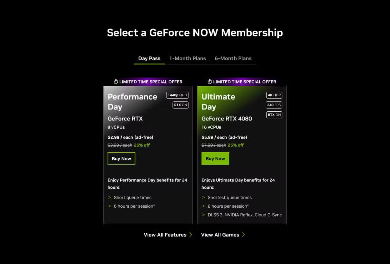 nvidia-geforce-now-day-pass-sale خدمة Nvidia GeForce NOW تضيف حدودًا لوقت اللعب