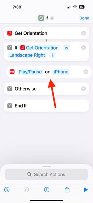 play-pause-action-beneath-if-action-in-the-shortcuts-app-on-iphone تخصيص أزرار iPhone حسب اتجاه الجهاز خطوة بخطوة