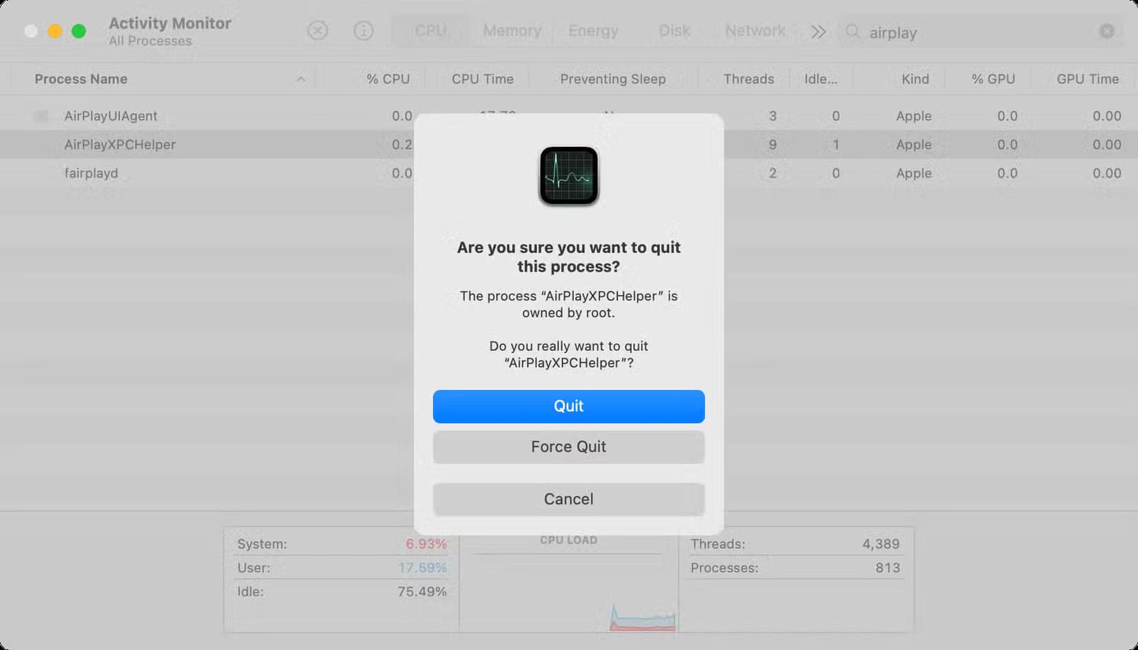 quitting-the-airplayxpchelper-process-in-activity-monitor-on-macos حل مشكلة توقف مكبر الصوت AirPlay عن تشغيل موسيقى Apple من Mac