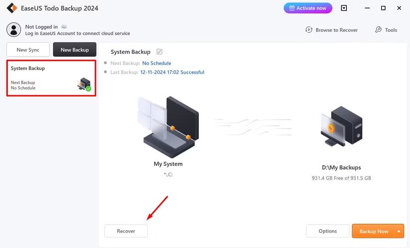 recover-option-in-the-easeus-todo-tool-1 طرق فعّالة لنسخ نظام Windows احتياطيًا على وحدة تخزين خارجية بأمان