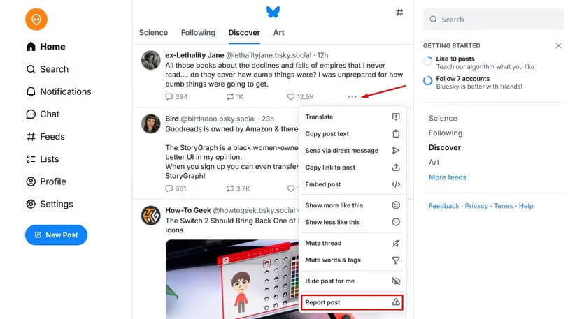 report-post-option-in-bluesky دليل المبتدئين لاستخدام Bluesky خطوة بخطوة