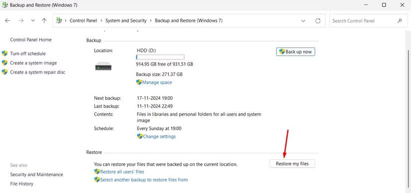 restore-my-files-option-in-the-control-panel طرق فعّالة لنسخ نظام Windows احتياطيًا على وحدة تخزين خارجية بأمان
