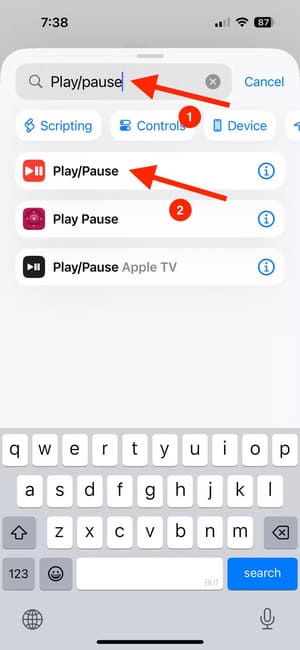 search-for-and-select-play-pause-in-the-shortcuts-app-on-iphone تخصيص أزرار iPhone حسب اتجاه الجهاز خطوة بخطوة