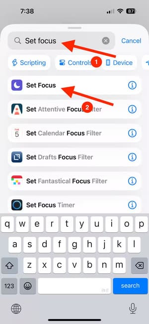 search-for-and-select-set-focus-in-the-shortcuts-app-on-iphone تخصيص أزرار iPhone حسب اتجاه الجهاز خطوة بخطوة
