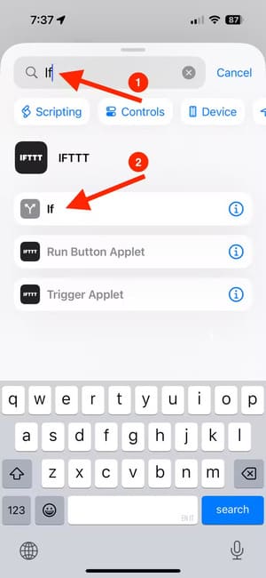 search-for-and-select-the-if-action-in-the-shortcuts-app-on-iphone-1 تخصيص أزرار iPhone حسب اتجاه الجهاز خطوة بخطوة