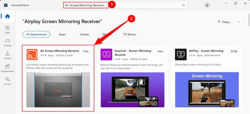searching-air-screen-mirroring-receiver-in-the-microsoft-store-then-click-the-first-result طرق سهلة لعرض شاشة iPhone أو iPad على كمبيوتر بنظام Windows
