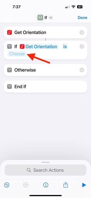 select-choose-in-the-shortcuts-app-on-iphone تخصيص أزرار iPhone حسب اتجاه الجهاز خطوة بخطوة