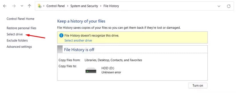 select-drive-option-in-the-control-panel طرق فعّالة لنسخ نظام Windows احتياطيًا على وحدة تخزين خارجية بأمان