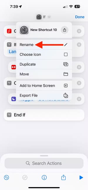 select-rename-in-the-shortcuts-app-on-iphone تخصيص أزرار iPhone حسب اتجاه الجهاز خطوة بخطوة