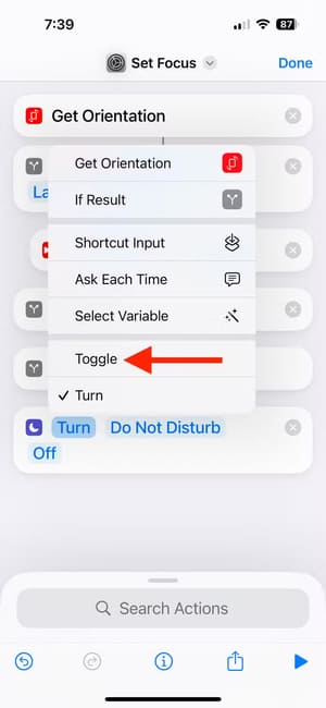 select-toggle-in-the-shortcuts-app-on-iphone تخصيص أزرار iPhone حسب اتجاه الجهاز خطوة بخطوة