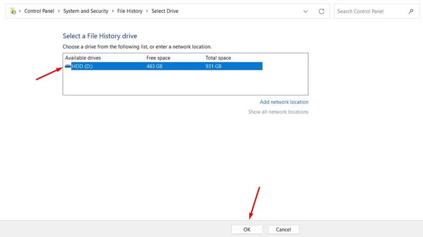 selecting-drive-in-control-panel طرق فعّالة لنسخ نظام Windows احتياطيًا على وحدة تخزين خارجية بأمان