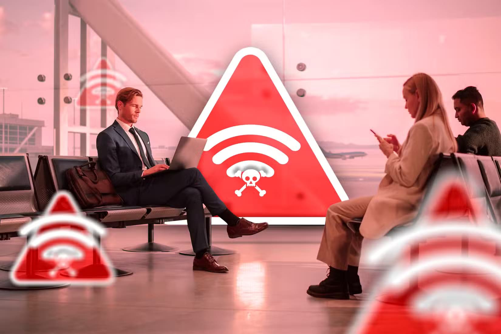 some-people-in-an-airport-using-wi-fi-with-several-icons-representing-contaminated-wi-fi أهم النصائح لحماية بياناتك أثناء تسوق الجمعة السوداء