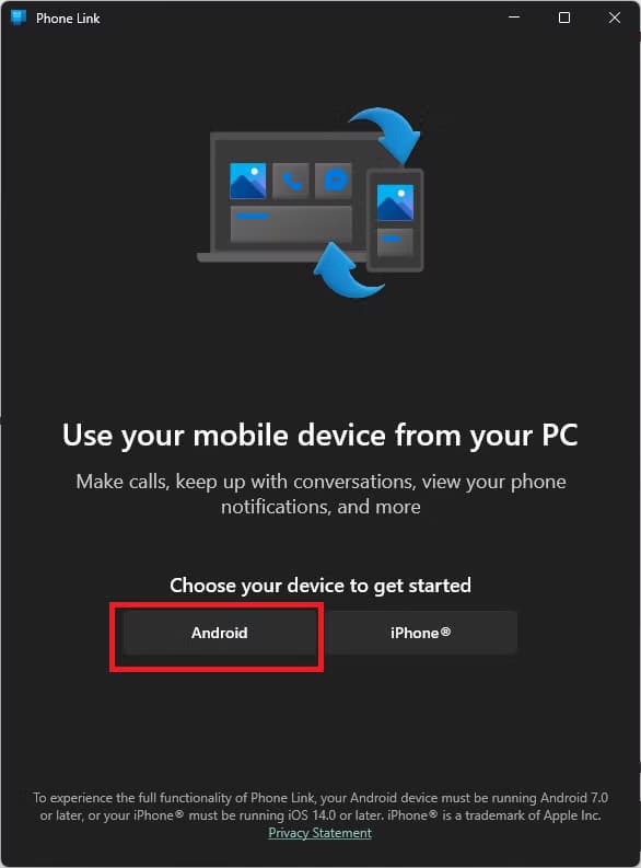 the-android-button-in-the-windows-phone-link-app طريقة عكس شاشة هاتف Android على الكمبيوتر باستخدام Windows بكل سهولة
