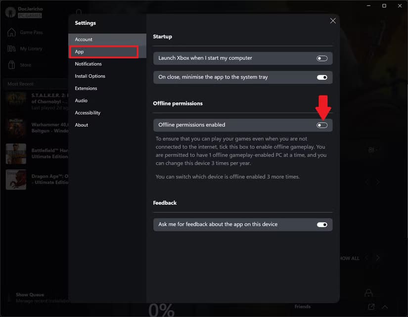 the-xbox-app-offline-permissions-option كيفية تفعيل وضع عدم الاتصال في PC Game Pass على أجهزة Windows
