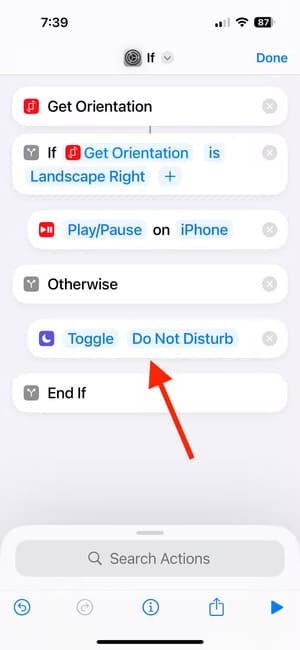toggle-do-not-disturb-action-beneath-if-action-in-the-shortcuts-app-on-iphone تخصيص أزرار iPhone حسب اتجاه الجهاز خطوة بخطوة
