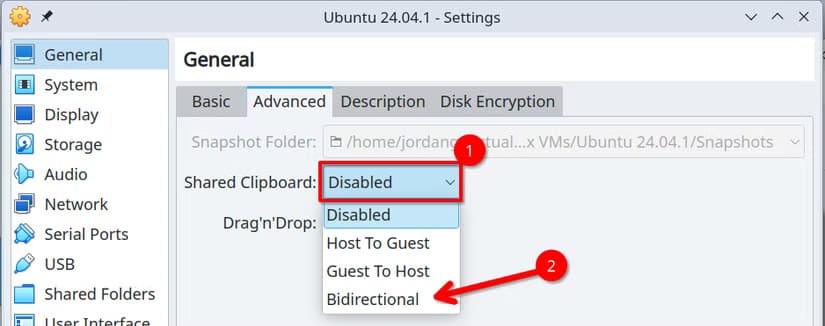 virtualbox-advanced-general-settings-menu-for-a-virtual-machine-with-the-shared-clipboard-dropdown-box-highlighted نسخ الملفات والنصوص بين جهاز VirtualBox المضيف والضيف بسهولة