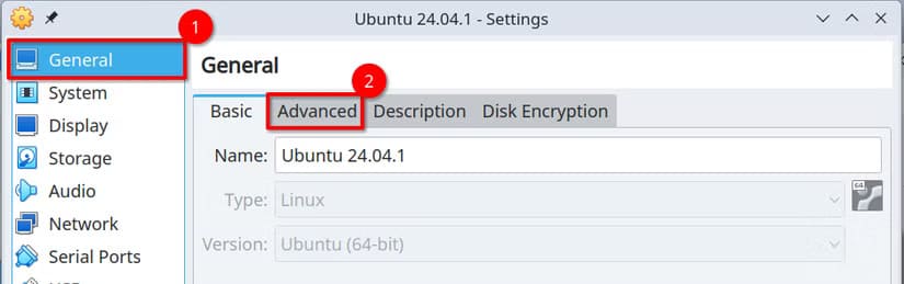 virtualbox-settings-menu-for-a-virtual-machine-with-the-general-selection-and-advanced-tabs-highlighted نسخ الملفات والنصوص بين جهاز VirtualBox المضيف والضيف بسهولة