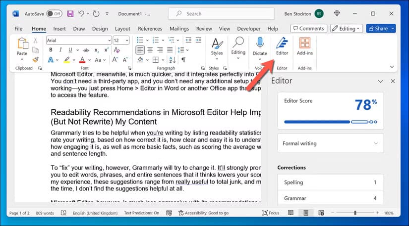 word-accessing-microsoft-editor السبب وراء انتقالي من Grammarly إلى Microsoft Editor