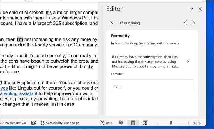 word-microsoft-editor-readability-suggestion السبب وراء انتقالي من Grammarly إلى Microsoft Editor