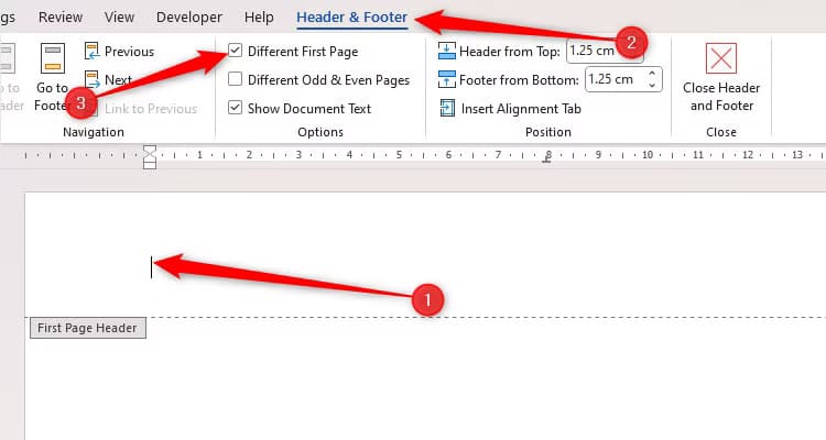 word-s-header-and-footer-tab-with-different-first-page-checked خطوات إعداد خطاب تقديمي احترافي في Microsoft Word