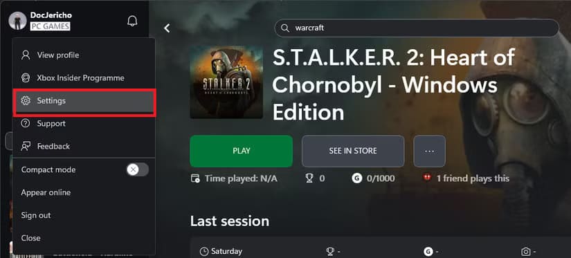 xbox-app-with-settings-highlighted كيفية تفعيل وضع عدم الاتصال في PC Game Pass على أجهزة Windows