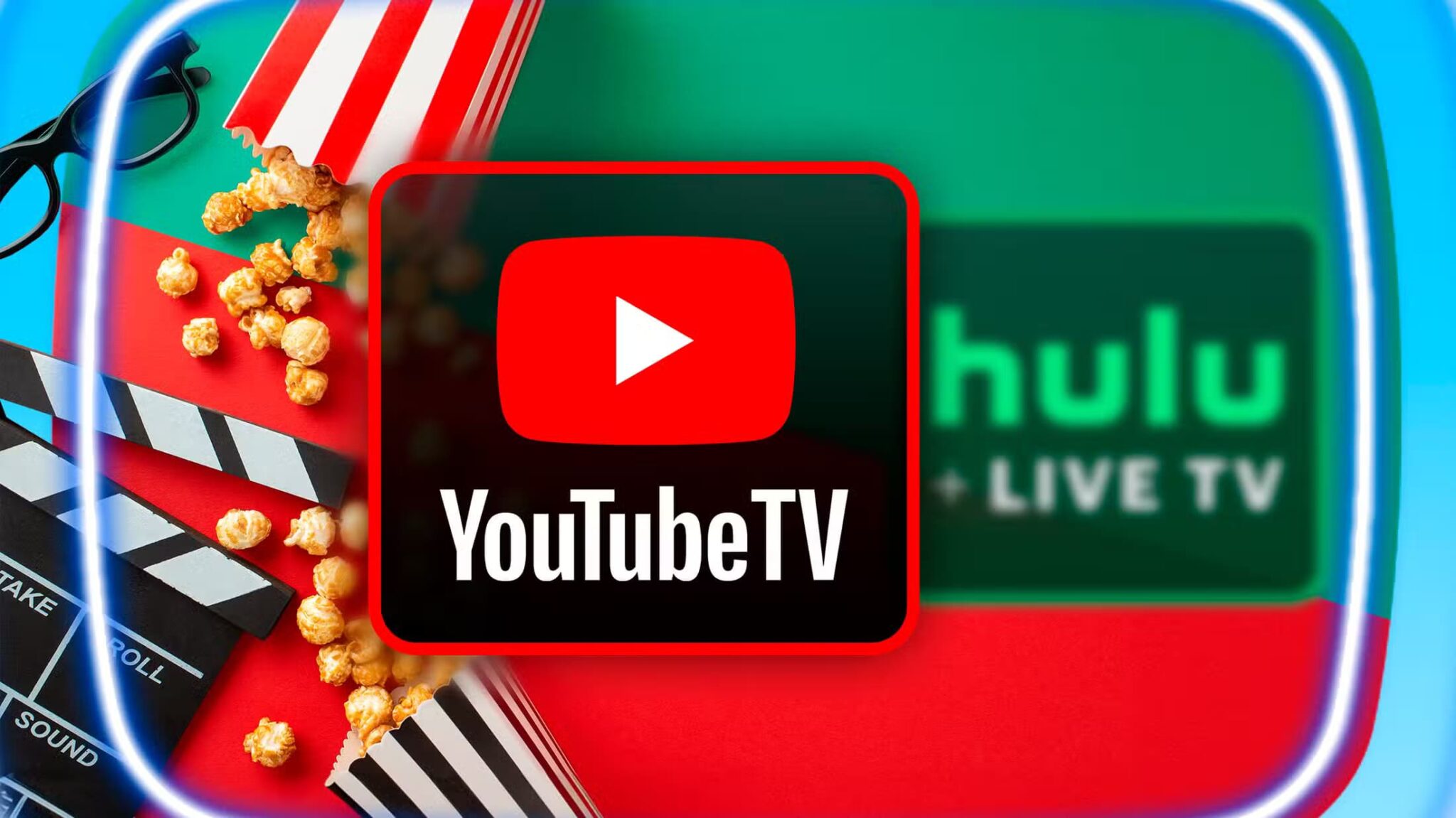 youtube-logo-in-the-foreground-and-the-hulu-live-tv-logo-blurred-behind-it-with-popcorn-a-clapperboard-and-glasses-in-the-background-scaled أسباب اختيار YouTube TV على Hulu + Live TV