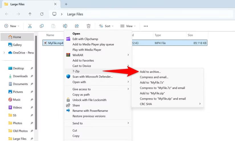 1-7-zip-add-to-archive طريقة تقسيم الملفات الكبيرة بسهولة على Windows 11