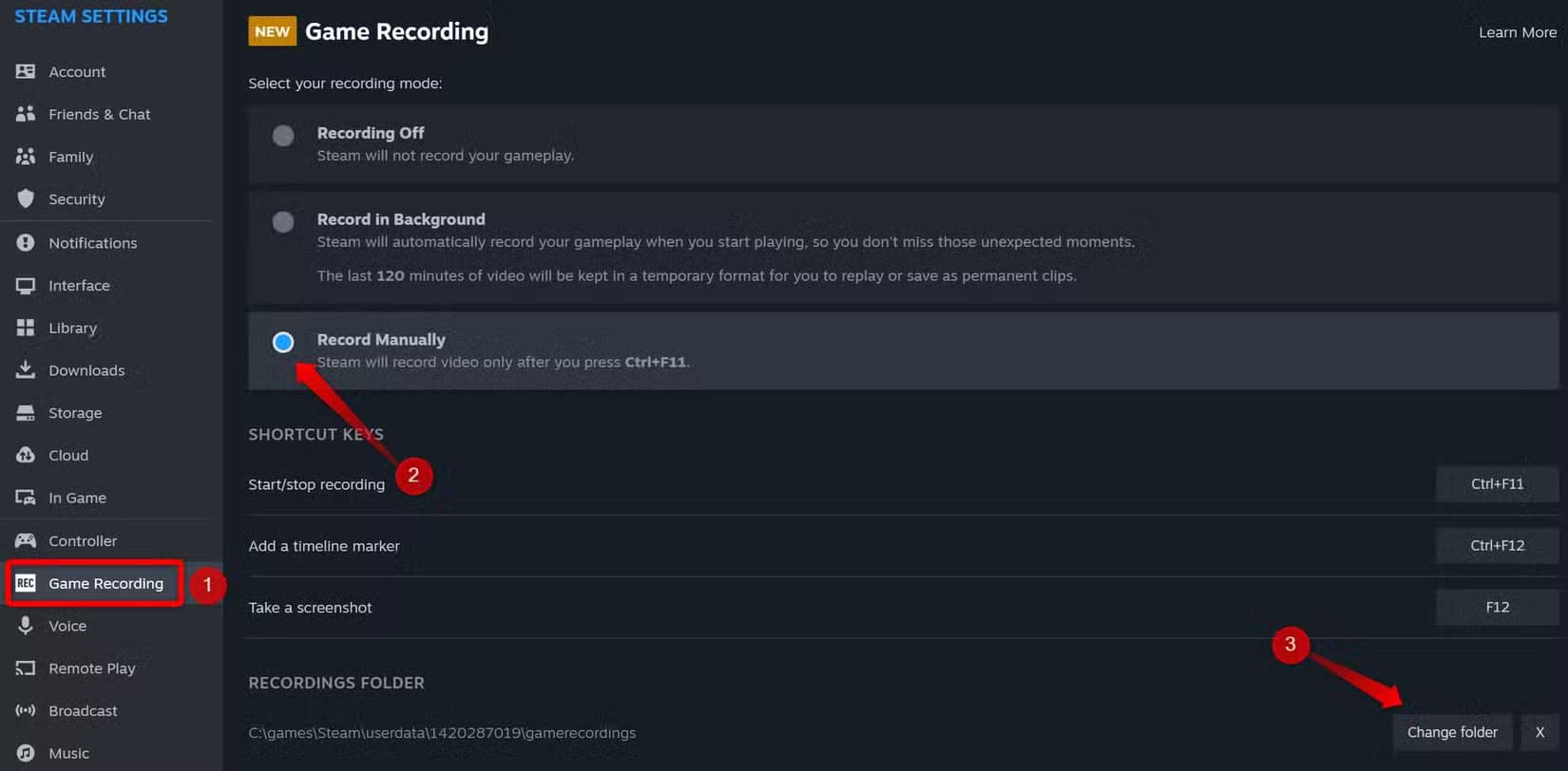 1-turning-on-manual-game-recording-and-changing-default-recordings-folder-in-steam أفضل 12 نصيحة لتحسين تجربتك على Steam لكل لاعبي الكمبيوتر الشخصي