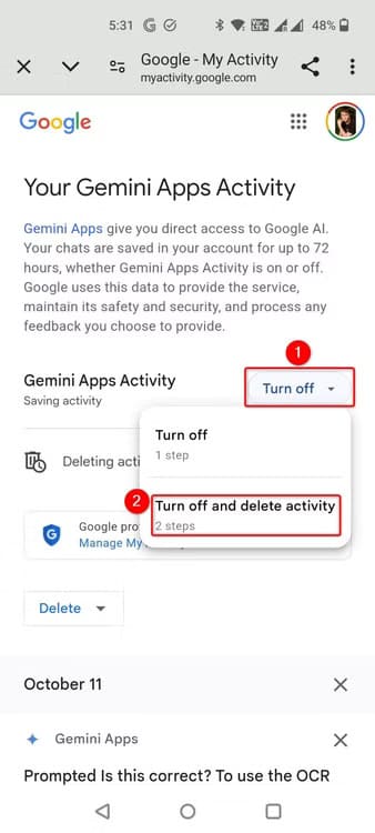 10-gemini-mobile-disable-activity طريقة إلغاء الاشتراك في استخدام بياناتك لتدريب نماذج الذكاء الاصطناعي