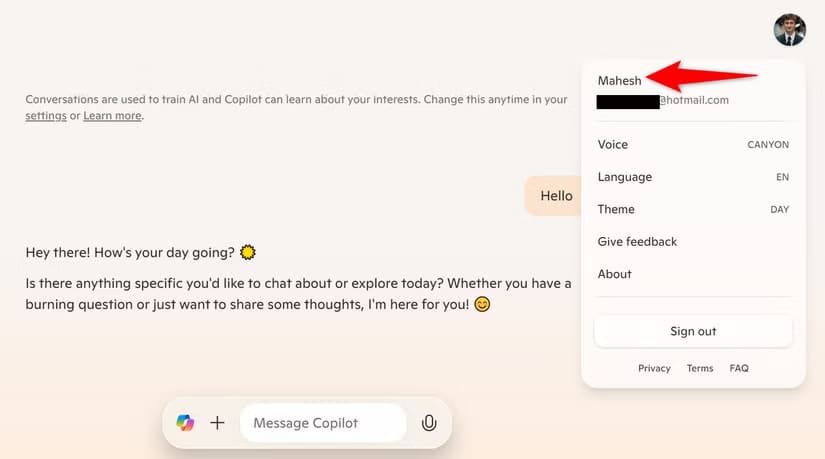 16-copilot-desktop-account-name طريقة إلغاء الاشتراك في استخدام بياناتك لتدريب نماذج الذكاء الاصطناعي