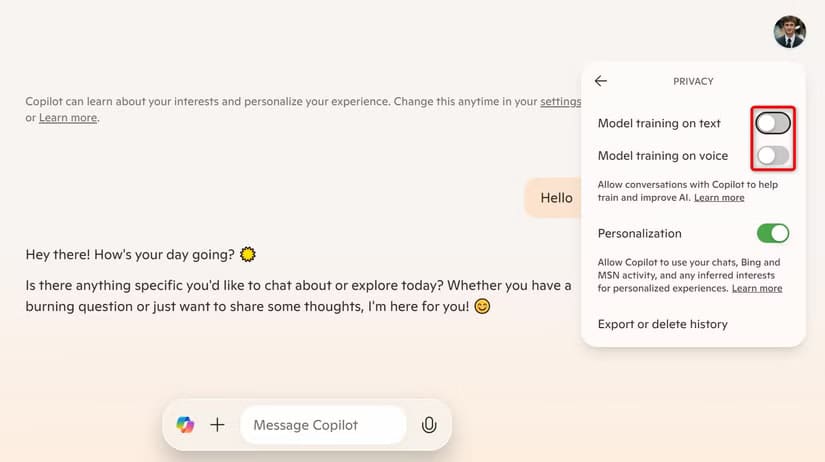 17-copilot-desktop-turn-off-model-training طريقة إلغاء الاشتراك في استخدام بياناتك لتدريب نماذج الذكاء الاصطناعي