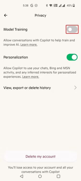 19-copilot-mobile-disable-model-training طريقة إلغاء الاشتراك في استخدام بياناتك لتدريب نماذج الذكاء الاصطناعي