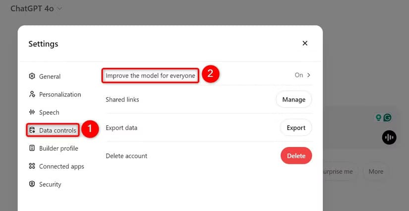 2-chatgpt-desktop-model-training طريقة إلغاء الاشتراك في استخدام بياناتك لتدريب نماذج الذكاء الاصطناعي