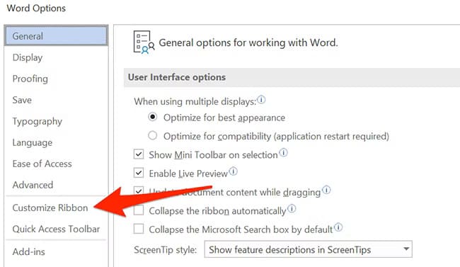 2-customize-ribbon خطوات سهلة لإضافة قائمة منسدلة في مستند Word