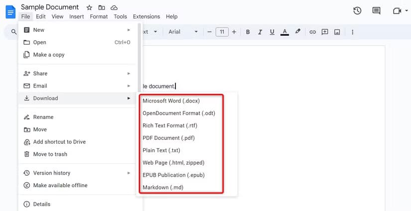 2-export-google-doc-various-formats مزايا تجعل Google Docs الخيار الأفضل مقارنة بـ Microsoft Word