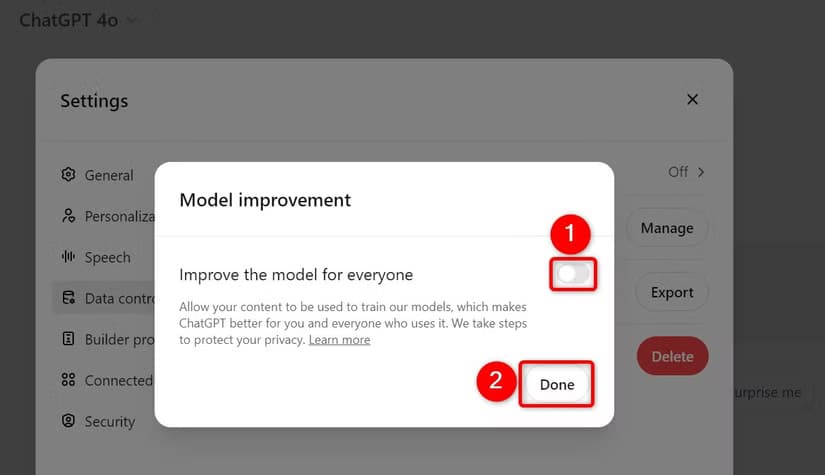 3-chatgpt-desktop-disable-model-training طريقة إلغاء الاشتراك في استخدام بياناتك لتدريب نماذج الذكاء الاصطناعي