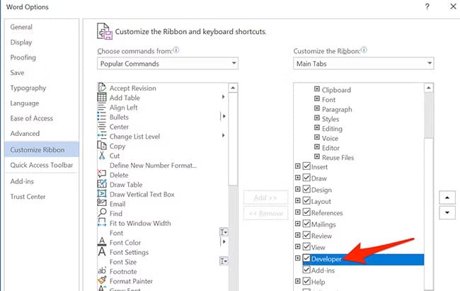 3-enable-developer-menu خطوات سهلة لإضافة قائمة منسدلة في مستند Word