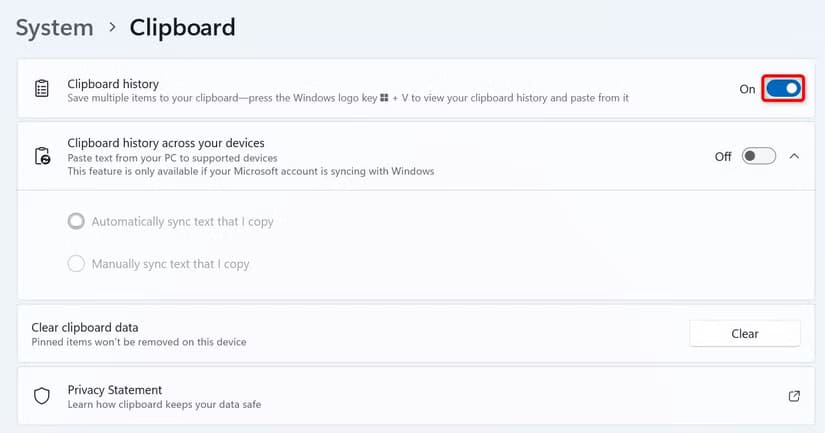 3-enable-windows-clipboard-history أفضل الطرق لتسريع أداء جهاز الكمبيوتر على نظام ويندوز 11