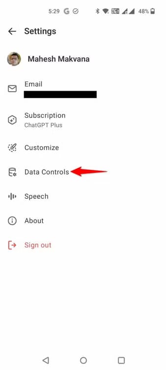 4-chatgpt-mobile-data-controls طريقة إلغاء الاشتراك في استخدام بياناتك لتدريب نماذج الذكاء الاصطناعي