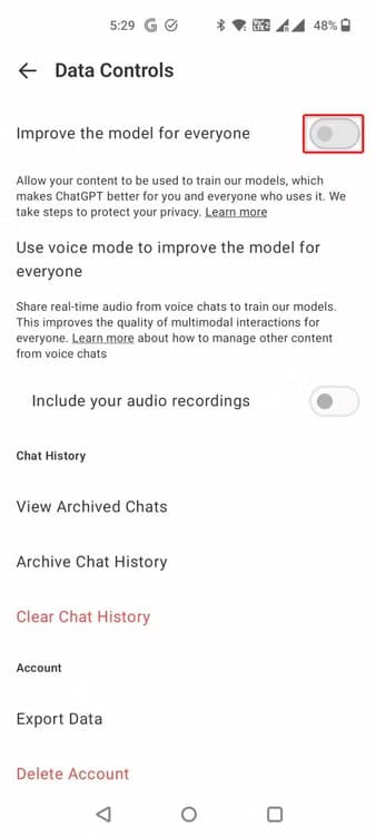 5-chatgpt-mobile-disable-model-training طريقة إلغاء الاشتراك في استخدام بياناتك لتدريب نماذج الذكاء الاصطناعي