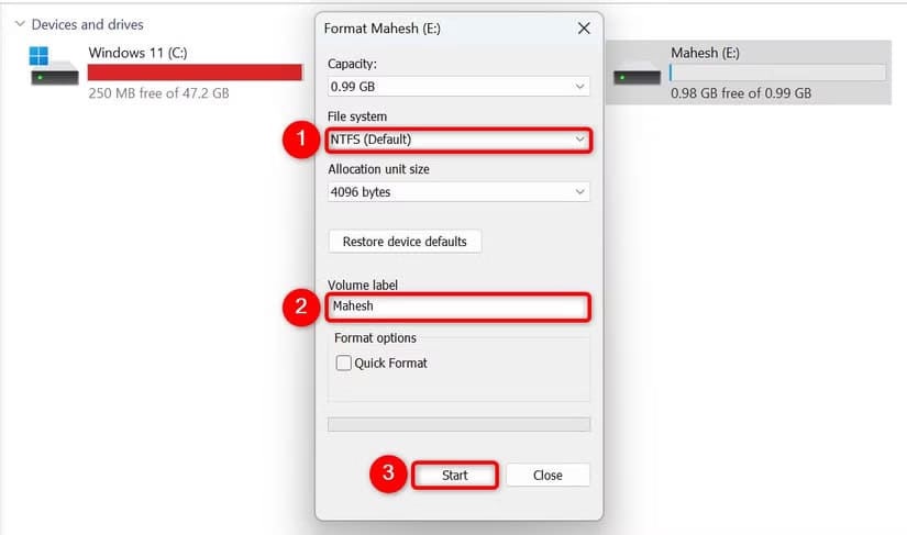 5-format-drive-with-ntfs طرق فعّالة لتسريع نقل الملفات على Windows 11 وتحسين الأداء